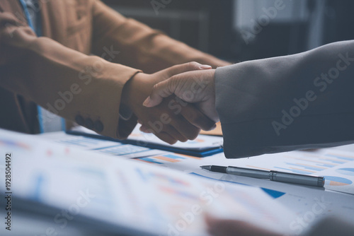B2b, shaking hands and thank you handshake of a corporate worker in a office. Business deal, partnership and we are hiring gesture with a female hr manager ready for onboarding welcome with trust