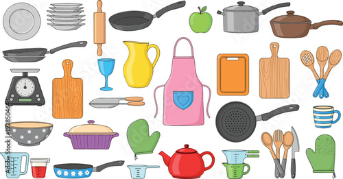 Kitchen utensils and cookware collection with pots, pans, apron and baking tools flat vector illustration set