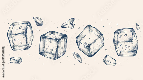 Artistic ink illustration featuring several ice cubes and fragments, with a speckled, detailed style
