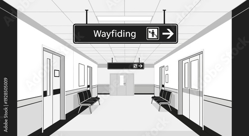 Architectural Design Illustrating Wayfinding Signage, Corridor with Minimalist Aesthetic