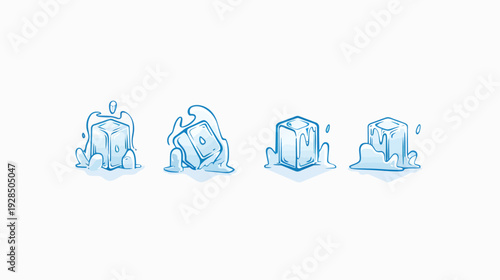 Hand-drawn illustrations of ice cubes in various stages of melting, presented on a white background