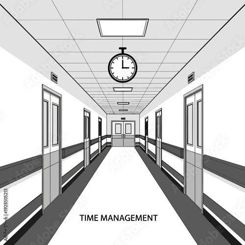 Architectural Perspective: A Long Hospital Corridor with Hanging Clock Emphasizing Time