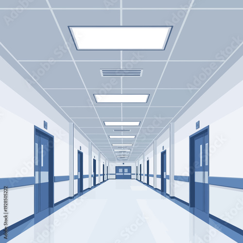 Architectural Perspective: A Long Interior Corridor With Doors and Overhead Lighting