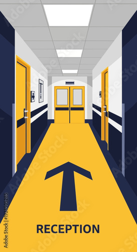 Architectural Perspective Of A Corridor With Directional Signage Guiding To Reception Area