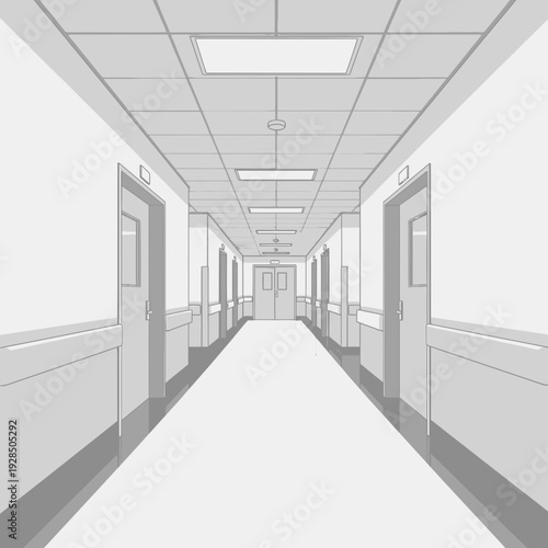 Architectural Perspective Of A Hospital Corridor Emphasizing Depth And Linear Symmetry In Design