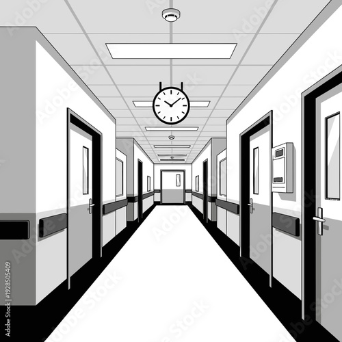 Architectural Perspective Of A Monochromatic Hospital Corridor With Subtle Depth And Symmetry