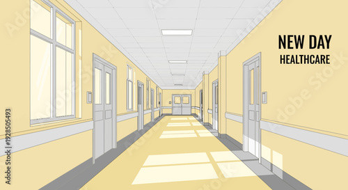 Architectural Perspective Of Hospital Corridor With Soft Lighting And Doors