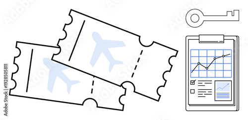 Travel planning, security, business analysis, transportation logistics, tourism, data tracking. Two airline tickets, graph on clipboard key. Travel planning and security concept