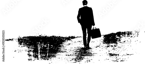 Businessman walking with briefcase in high contrast silhouette for urban design