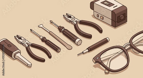 Assortment Of Various Repair Tools And Eyeglasses With A Digital Camera On Beige Background