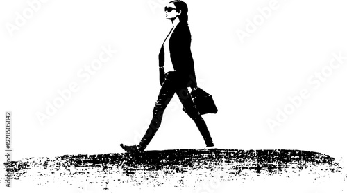 Confident businesswoman walking briskly in high contrast stencil style for urban design