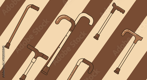 Assortment Of Walking Canes On Brown And Beige Stripes Backgrounds Vector Illustration