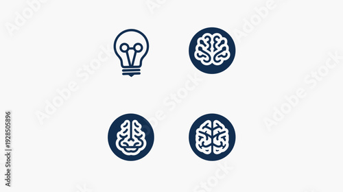 A white background hosts a lightbulb icon and three brain illustrations, all in navy blue