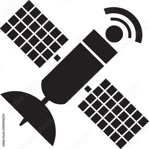 Sleek satellite icon for innovative space technology projects and modern telecommunication design, black and white