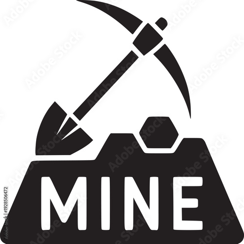 Powerful mining industry icon depicting tools and raw materials extraction with bold text graphic