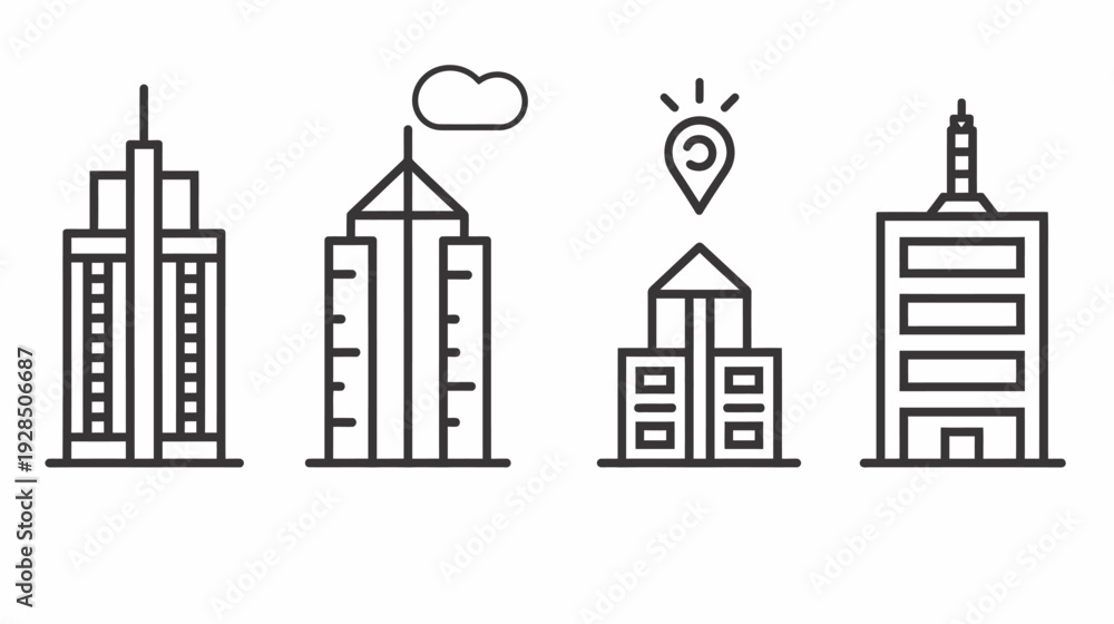 Naklejka premium Black and white line art depicting four stylized skyscrapers with different architectural details
