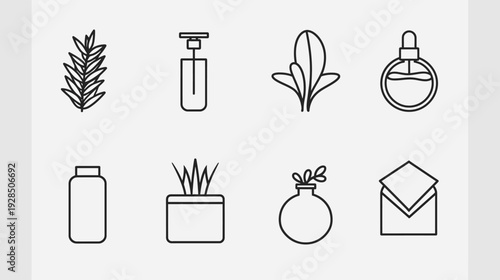 Collection of linear drawings of various objects including leaves, bottle, plants, pot, and more