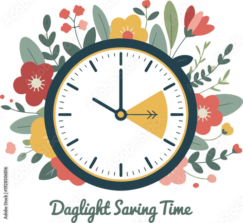 Clock and spring flowers crocus around. Poster "Spring Forward" about reminder to change clocks. Forward daylight saving time starts.Daylight saving time.