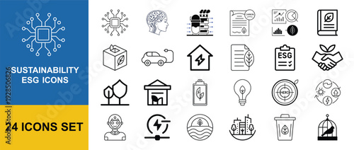 Sustainability and ESG Line Icon Set with Renewable Energy, Net Zero, Climate, Green Building and Eco Symbols