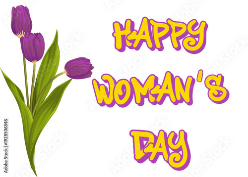 Floral illustration with purple tulips and yellow “Happy Woman’s Day” text, elegant and spring-themed, ideal for greetings and promotional materials.
