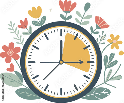 Alarm clock and spring flowers around on white background. Spring Forward poster with alarm clock. Forward daylight saving time starts. Concept of daylight saving time. 