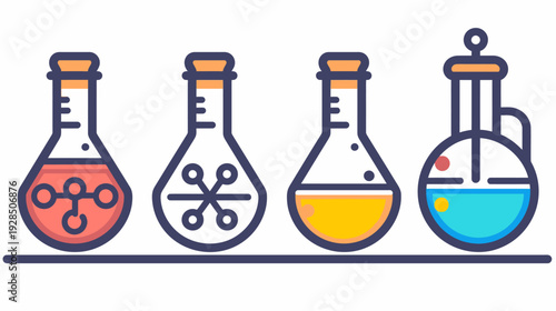 Four stylized, colorful lab flasks with various contents and shapes on a straight, black baseline