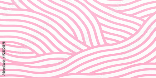 Abstract pink background featuring a seamless geometric pattern of purple waves and striped vector lines for a modern textile wallpaper design