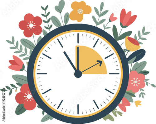Illustration of a sun and floral clock marking the beginning of Daylight Saving Time in spring.