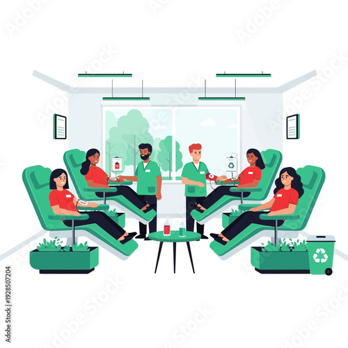 Blood Donation Center: Volunteers Giving Life-Saving Assistance in a Modern Clinic Setting