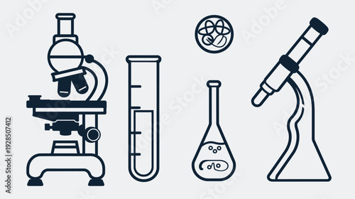 Vector illustration of various scientific instruments like microscope, flask, test tubes, and other elements