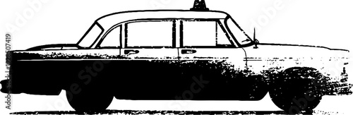 High contrast silhouette of vintage city taxi in stencil style for retro design