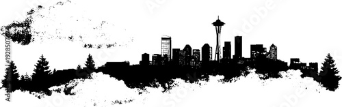 Seattle skyline with abstract cloud layers in stencil silhouette design