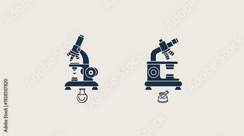 Two stylized microscope illustrations, featuring a dark blue color against a neutral, beige backdrop