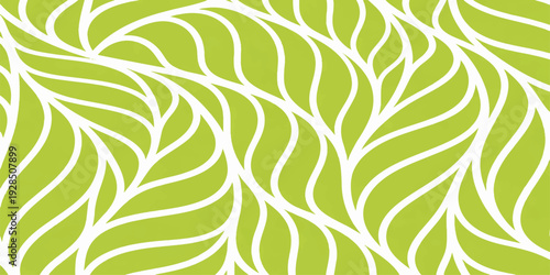 Seamless vector pattern of green leaves featuring a vintage nature design with floral ornaments and a decorative line texture for a botanical wallpaper backdrop or textile fabric