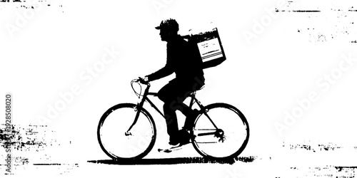 High contrast courier cyclist with backpack in stencil effect for urban delivery themes