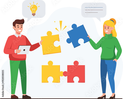 Teamwork concept with business people connecting puzzle pieces collaboration flat vector illustration