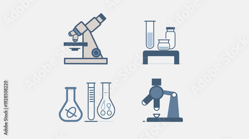 Simplified flat-design vector illustrations of laboratory equipment, including microscopes and beakers