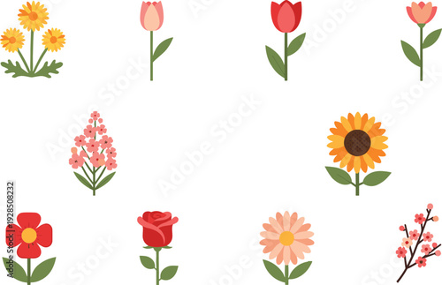 Simple flower icons collection with tulip rose sunflower daisy and blooming spring plants vector illustration set