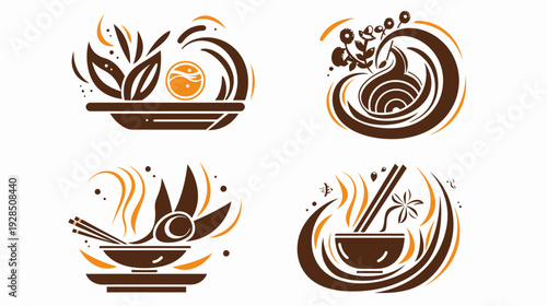 Four stylized illustrations depicting food elements within circular and rectangular brown and orange designs