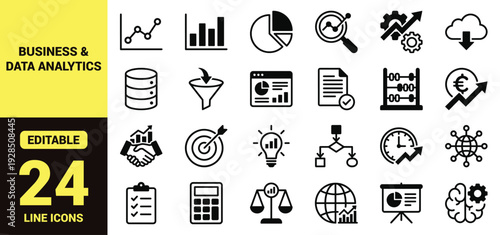 Business and data analytics icon set with charts, graphs, cloud storage, financial growth, global connectivity, productivity tools, and essential business ranking symbols in clean modern