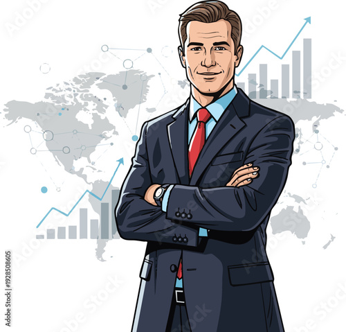 City businessman and successful global business, white background, vector stock