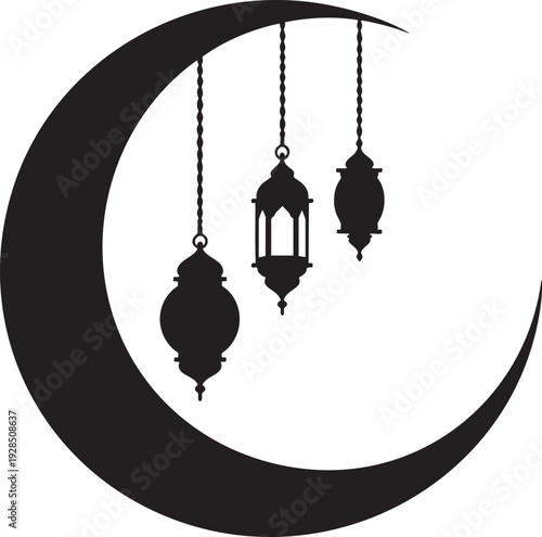 Islamic Crescent moon with hanging arabic lantern elements black clipart silhouette vector illustration, silhouette, white background