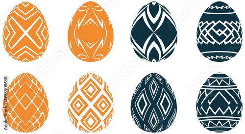 Vibrant Easter eggs with unique geometric patterns in orange and blue