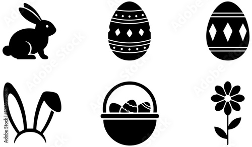 Easter icons set with bunny, eggs, and flowers in black