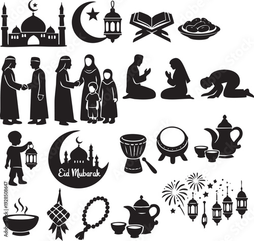 Islamic ramadan eid family culture celebration icons vector set isolated on white background, Vector, illustration, silhouette
