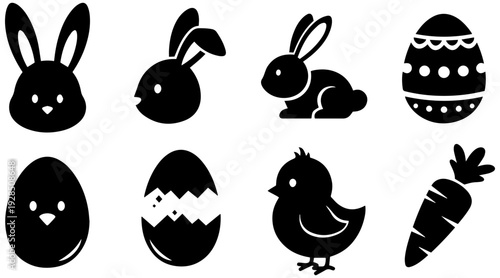 Easter icons set with bunnies, eggs, chick and carrot in simple modern style