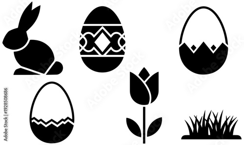 Easter symbols including bunny eggs and spring flowers in black
