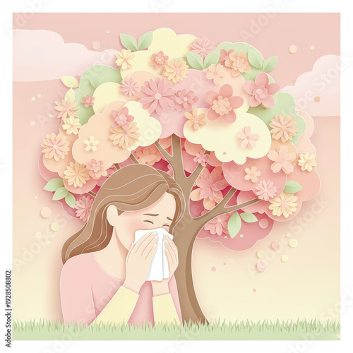  A woman suffers from hay fever, sneezing into a tissue. A beautiful papercraft illustration of seasonal allergies with a blooming tree.. Vector illustration