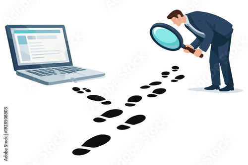 Man in dark blue suit and white shirt holding a magnifying glass, following black footprints splitting towards a silver laptop with a white screen, isolated on white background
