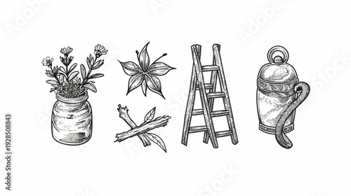 Vintage grayscale illustration of four items floral arrangement, flower, log with leaves, a ladder, and a pitcher